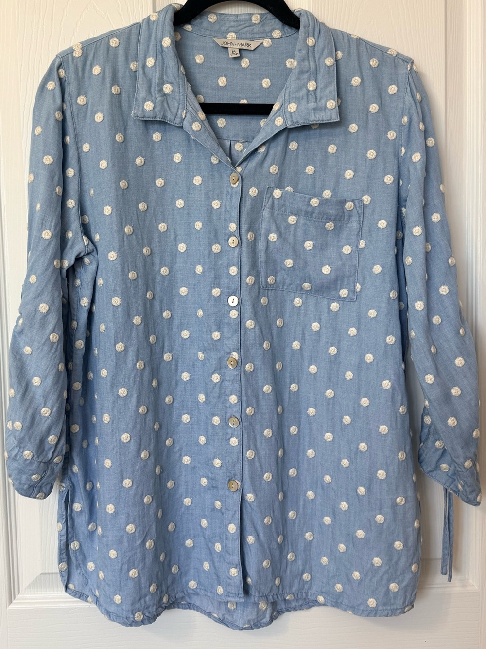 John Mark Light Blue Button-Down Shirt with White Polka Dots